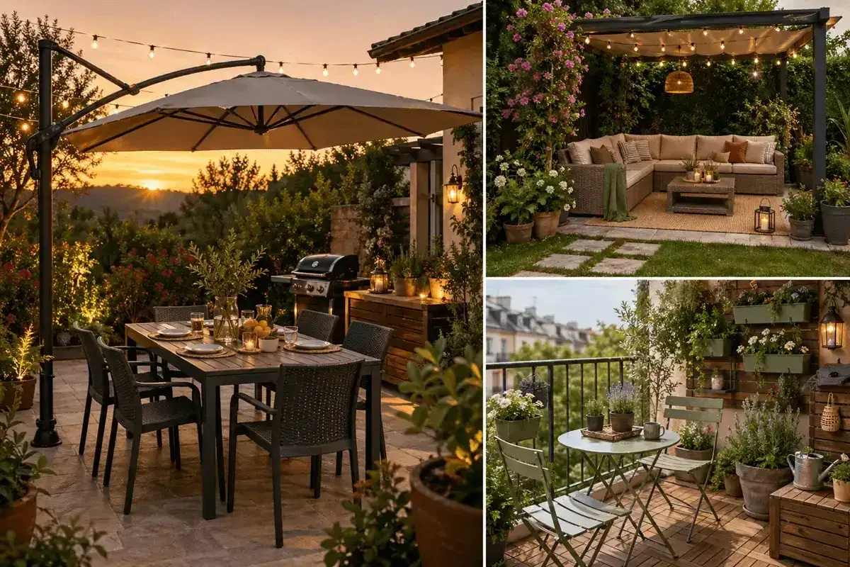 Splendide idee cortile esterno: zona pranzo con barbecue, salotto sotto pergolato e balconcino fiorito.