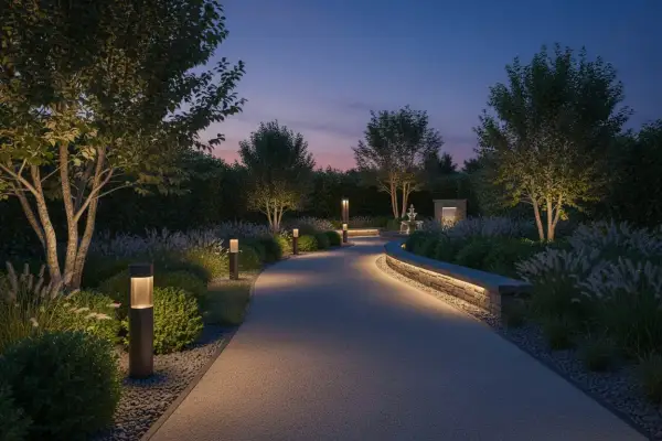 Sentiero illuminato nel giardino serale, un esempio di impianto elettrico giardino fai da te ben riuscito.