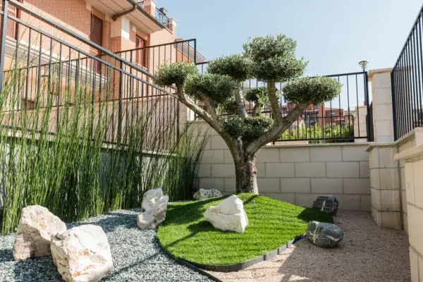 Come arredare un piccolo giardino davanti casa: un ulivo bonsai, erba sintetica, rocce e ghiaia creano un angolo zen.