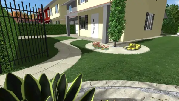 Percorso sinuoso in pietra, prato verde e aiuole fiorite: idee giardino villetta a schiera per un'oasi moderna.