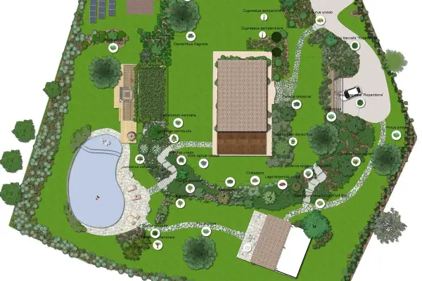 Progetto per realizzare un giardino con piscina, vialetti, alberi e piante diverse, con un'area relax e un'area parcheggio.