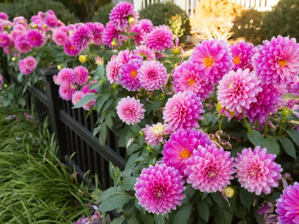 Fioritura rigogliosa di dalie rosa acceso, perfetti arbusti perenni pieno sole, che adornano una recinzione nera.