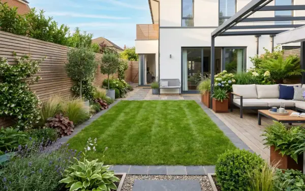 Un moderno giardino con prato verde, arredi da esterno e aiuole curate, che crea piccoli giardini da sogno.