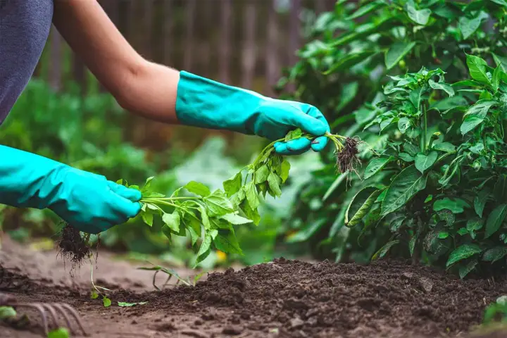 Mani guantate rimuovono erbacce infestanti dal terreno fertile, liberando spazio per le piante desiderate.